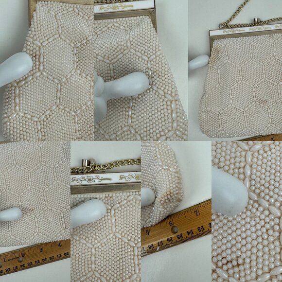 Vtg Small Beaded Purse Handbag Small Ivory Cream Gold Chain Hexagon Pattern READ - Picture 4 of 10
